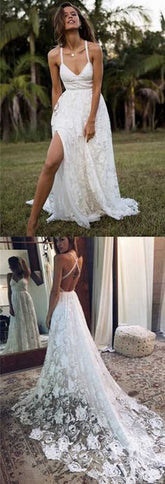 Charming Fashion A-line Lace Spaghetti Straps Long Wedding Dresses, Bridal Gown